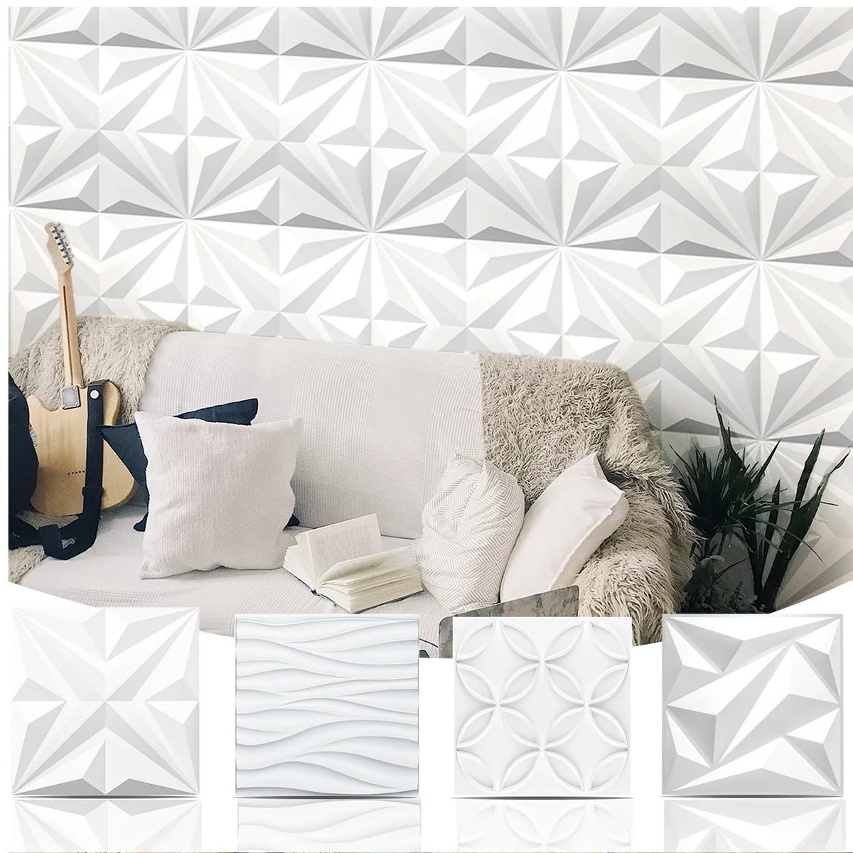 Art3d 3D Wall Panels Matte White 197" x 197" x 005" Embossed PVC Decorative, 12 Pieces, Pack 1188