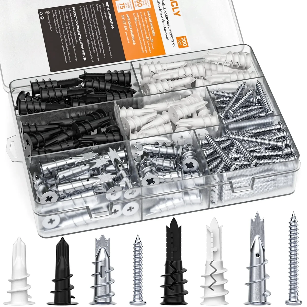 INCLY 200Pcs #8 Drywall Anchors Kit Self Drilling, 100 Zinc Metal & Plastic Dry Wall Anchors and 100 Philips Screws Assortment for Drywall Sheetr 5538