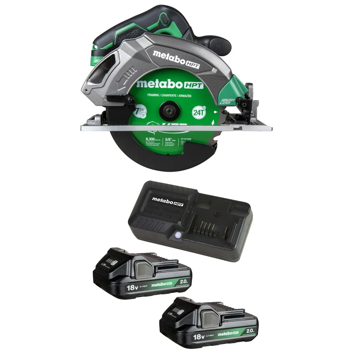 Metabo HPT 18v MultiVolt 7-1/4 Inch Corldess Circular Saw with 18V 2Ah Lithium Batteries with Charger Kit 3175