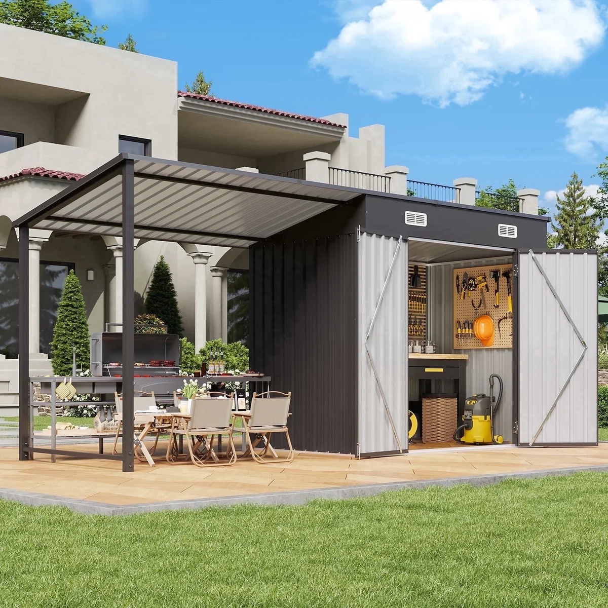 Clouddwell Metal Storage Shed with Hardtop Pergola 12x4 ft 2-in-1, 50 Sq. Ft Outdoor Tool Shed for Backyard 2996
