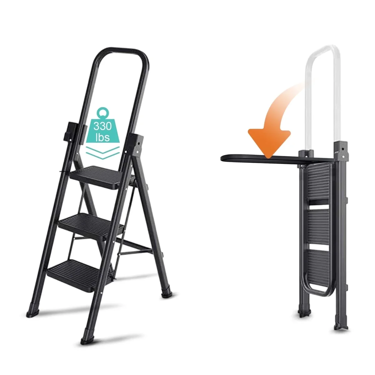 Beuway 3-Step Folding Ladder,with Foldable Extended Handrail & Wide Anti-Slip Pedal Step Stool(Black) 2945