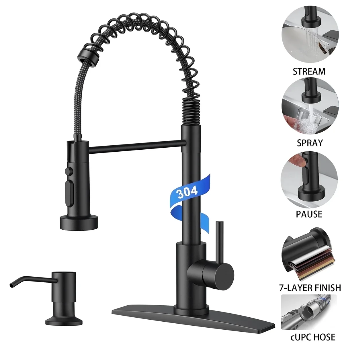 TVOFEK Kitchen Faucet with Pull Down Sprayer and Soap Dispenser, Black Single Handle Kitchen Sink Faucets with Deck Plate for 1 or 3 Hole, Spring 8752
