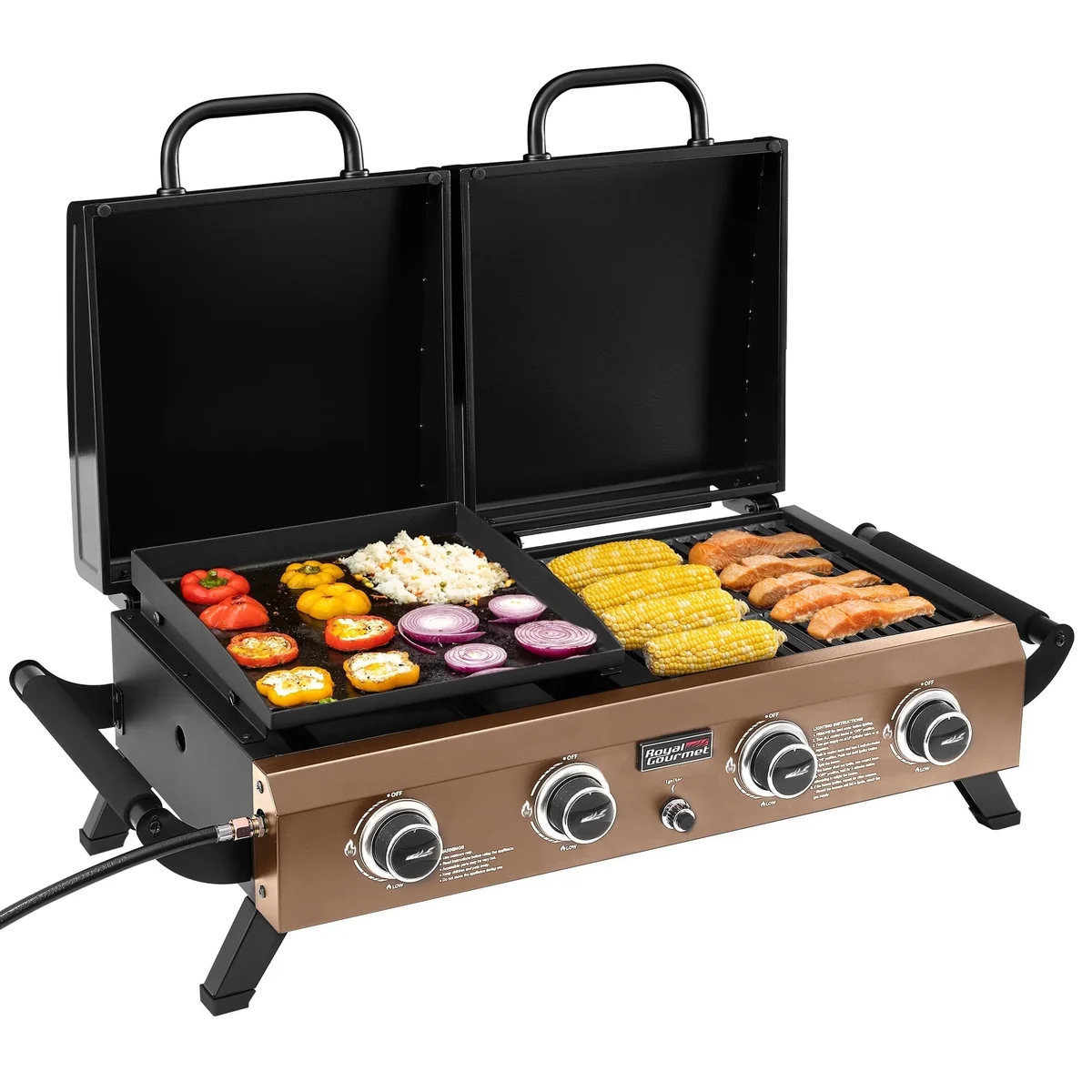 Royal Gourmet GD4002TPY Portable Tabletop Grill & Griddle Combo with Hood for Backyard, Camping, Picnicking and Tailgating, 40,000 BTU, Bronze Go 9881