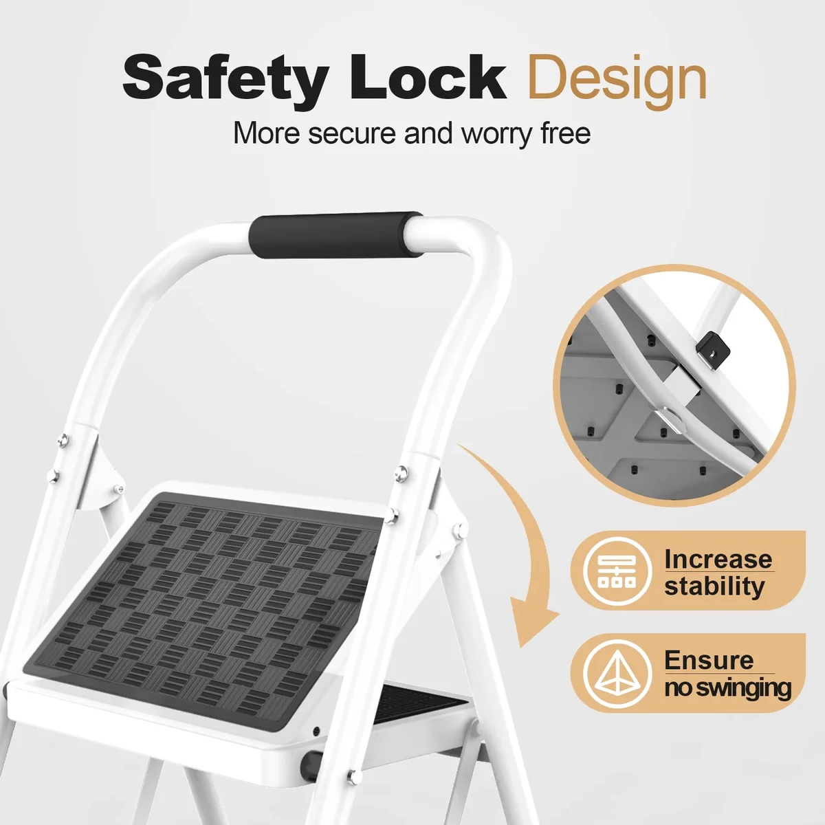 HBTower Folding 2 Step Ladder, Step Stool for Adults,  Folding Step Stool with Cushioned Handle, Wide Pedal, 330Lbs Load Heavy Duty, White 7100