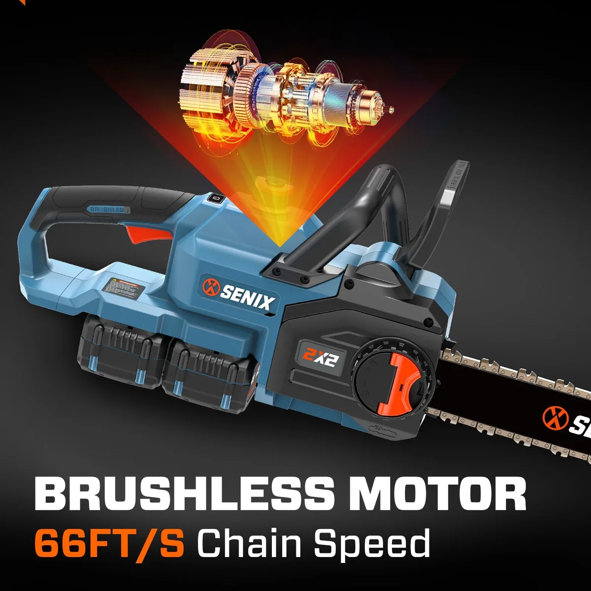 Senix 40V 14-Inch Brushless Cordless Chainsaw w/ Auto Oiler & Tool-Free Tension, 2 x 4Ah Batteries & Charger 0149