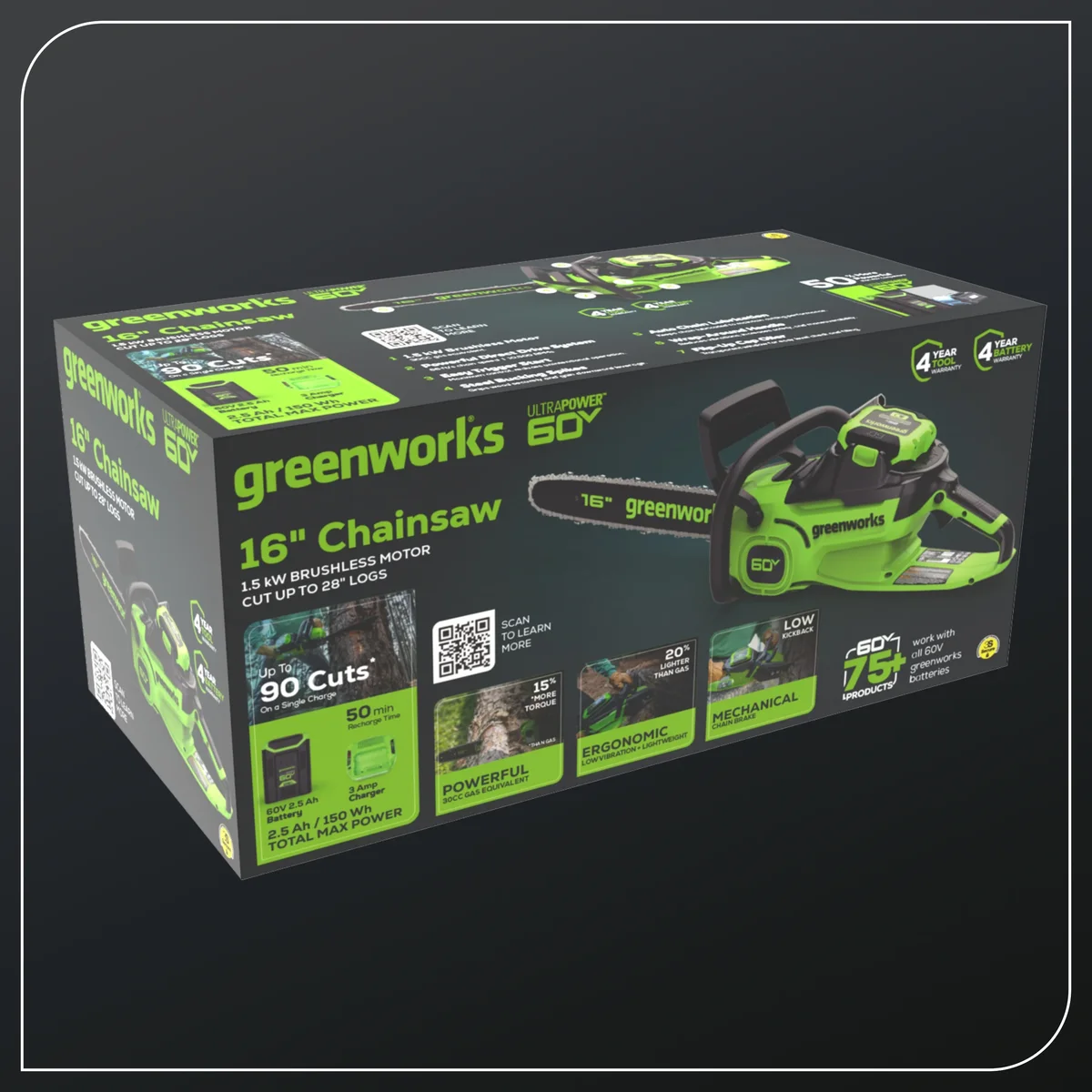 Greenworks 60V 16" 1.5kW Brushless Chainsaw with 2.5 Ah Battery & 3 Amp Charger 2028602 5656