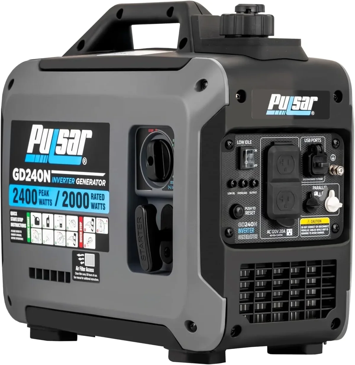 Pulsar 2400W Portable Quiet Inverter Generator, Gas Powered, USB Type-A & Type-C Ports, Parallel Ready, Fuel Efficient, GD240N 0305