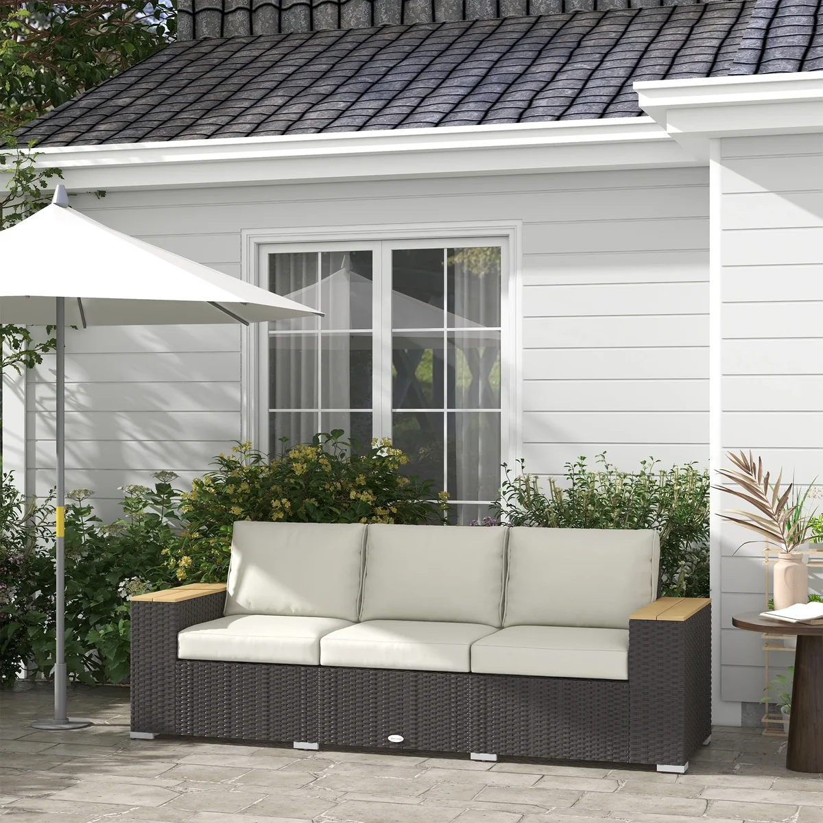 Outsunny Thick Cushioned 3-Seater Outdoor Sofa, Wood Grain Wide Armrests, Patio Couch, Beige 6916