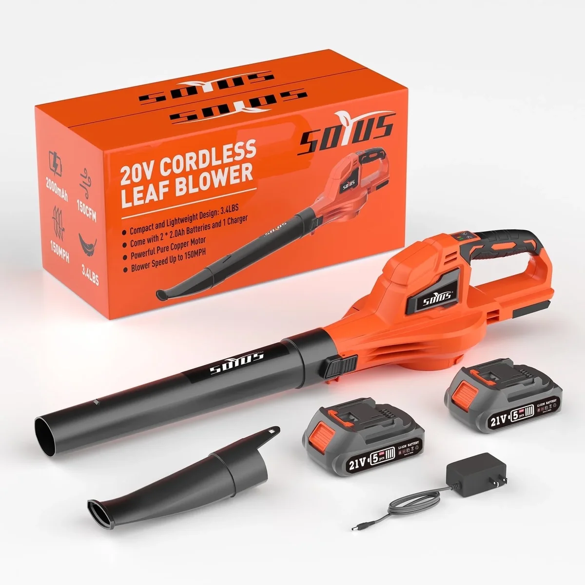 SOYUS Snow Blower, 21V Leaf Blower Cordless with 2x2.0Ah Battery and Charger, 150 MPH Electric Leaf Blower with Two-Speed Mode, Blowers for Lawn  3483
