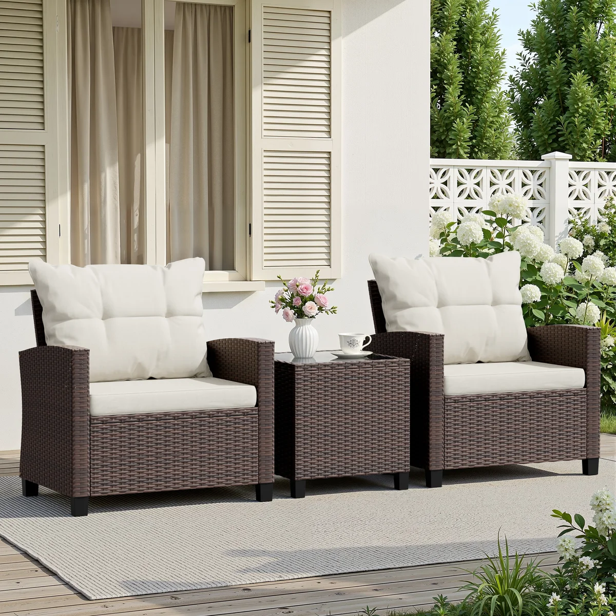 Walsunny 3 Pieces Patio Furniture Set Outdoor Wicker Conversation Bistro Set Outdoor Patio Chairs with Tempered Glass Table Beige 4989