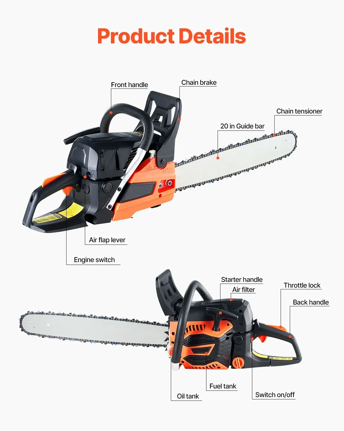 KFFKFF 58cc Gas Chainsaw with 20in Bar,  3.2HP Gas Powered Chainsaw, Powerful 2-Cycle Chainsaw for Wood Cutting, Tree Trimming 5874