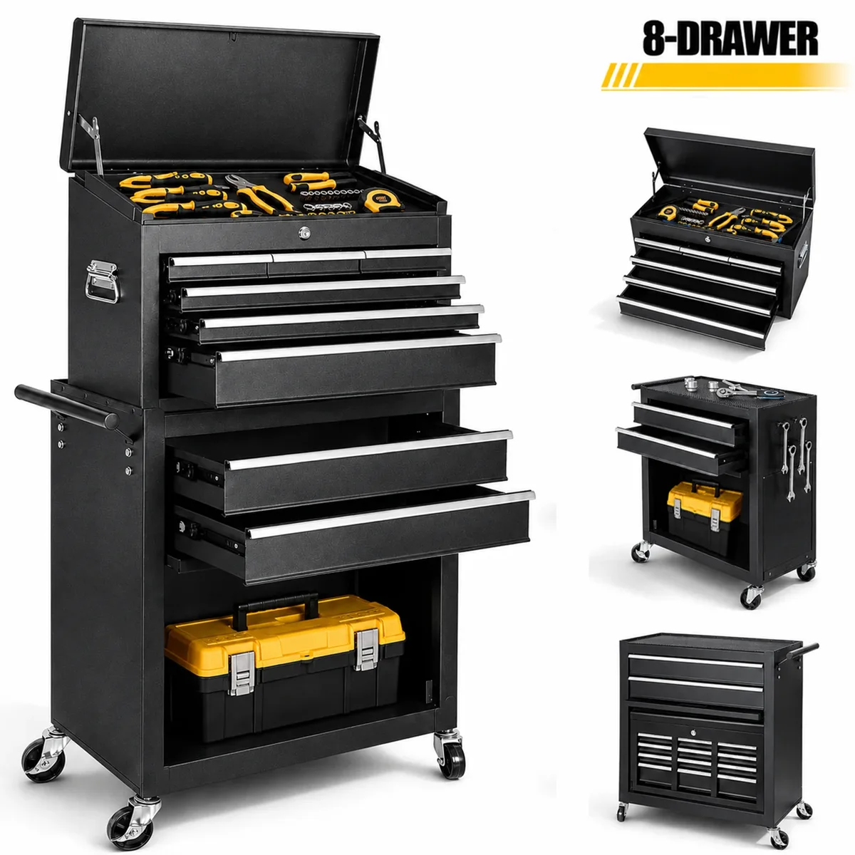 Seizeen 2-IN-1 Tool Chest & Cabinet, Large Capacity 8-Drawer Rolling Tool Box Organizer with Wheels Lockable, Black 4059