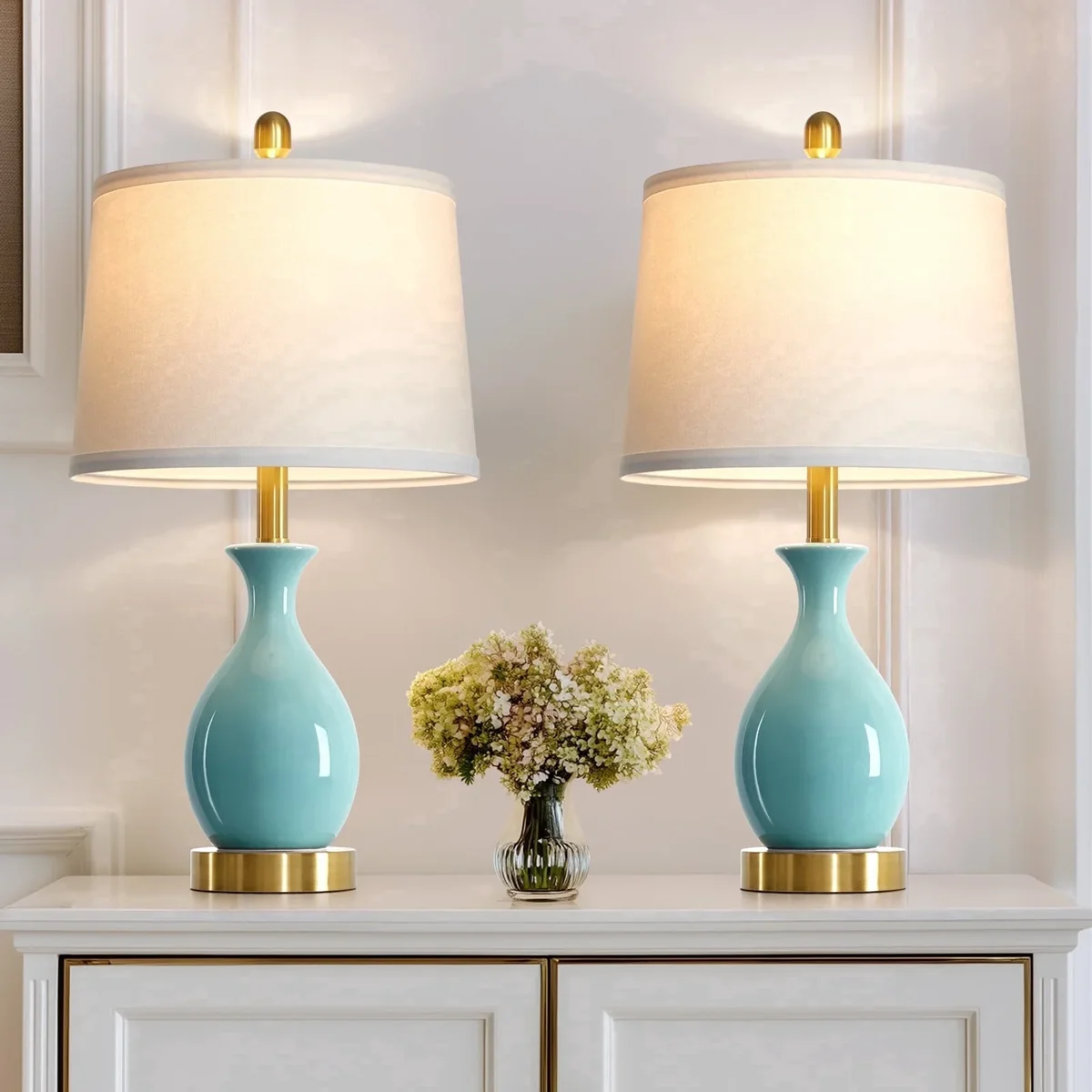 Cinkeda 24" Aqua Blue Ceramic Table Lamps Set of 2, Modern Classic Bedside Lamp with Gold Accents for Living Room Bedroom 1854