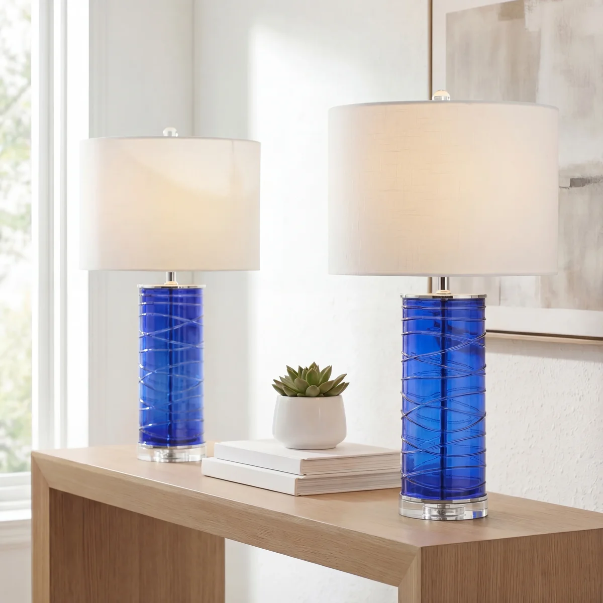 Everdaily Essentials Cole 27.5" Modern Fused Glass Cylinder LED Table Lamp, Cobalt (Set of 2), JYL4017D-SET2 1747