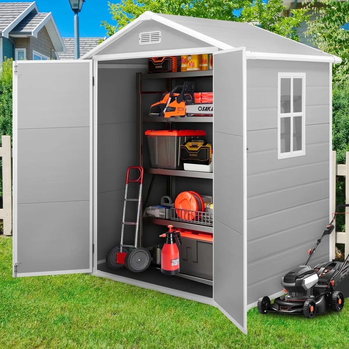 Enyopro 6 x 4.4FT Outdoor Storage Shed, All-Weather Plastic Resin  Shed for Outside with Floor, Utility Tool Large Shed with Dual Lockable Doors  3430