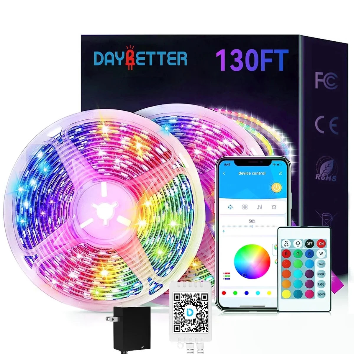 DAYBETTER 130ft Led Light for Bedroom,Music Sync RGB Color Changing Strip Lights with APP and 24 Key Remote Control, Perfect for Indoor Decor(2 R 9906