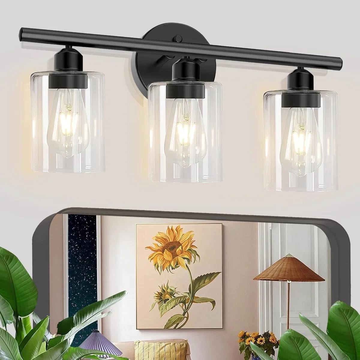Cshidworld 3-Light Black Dimmable Vanity Light with Clear Glass Shade 1873
