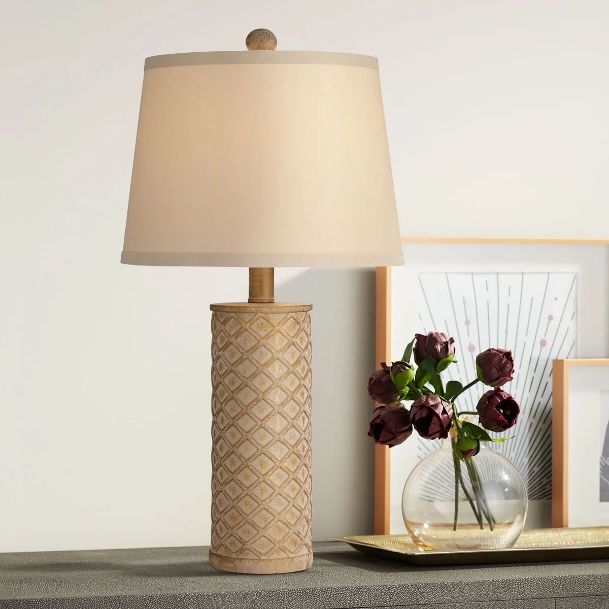 360 Lighting Gisele Cottage Table Lamp 24" High Gold Wash Lattice Column Tapered Drum Shade for Bedroom Living Room Bedside Nightstand Office Kid 5331