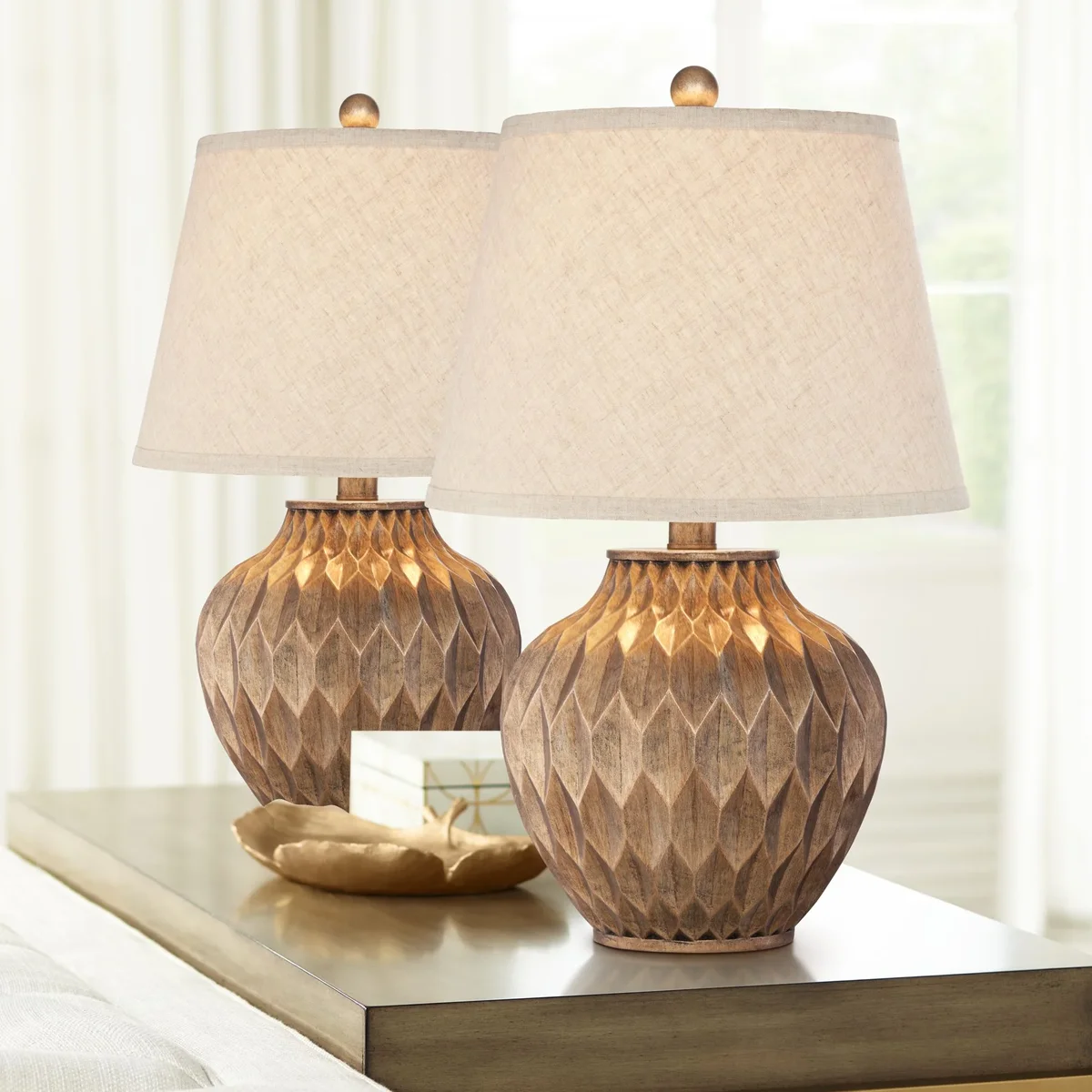 360 Lighting Modern Accent Table Lamps 22" High Set of 2 Warm Bronze Geometric Urn Tapered Drum Shade for Living Room Family Bedroom Office 9625
