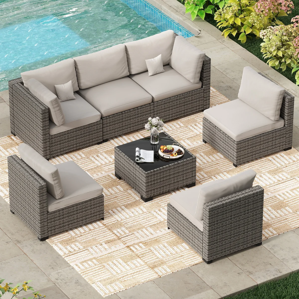 Bifanuo 7 Piece Patio Furniture Set, Outdoor Furniture Patio Sectional Sofa, All Weather PE Rattan Outdoor Sectional with Cushion and Coffee Tabl 3505