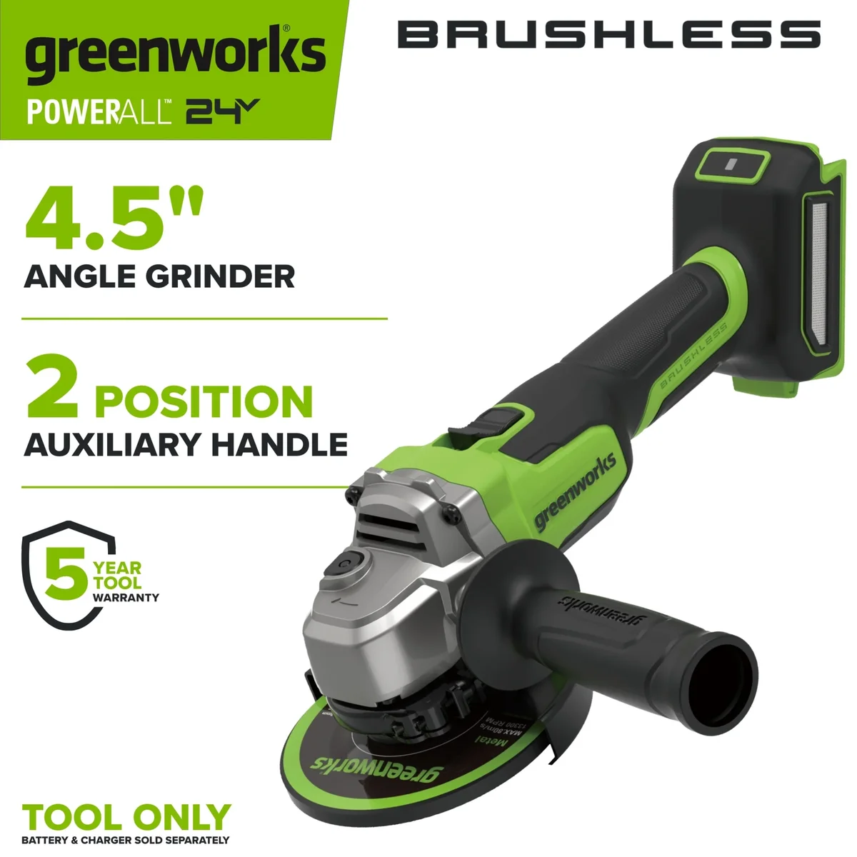 Greenworks 24V 4-1/2" Angle Grinder with Handle, Grinding Wheel, and Guards, PowerAll, AG370A3 9524