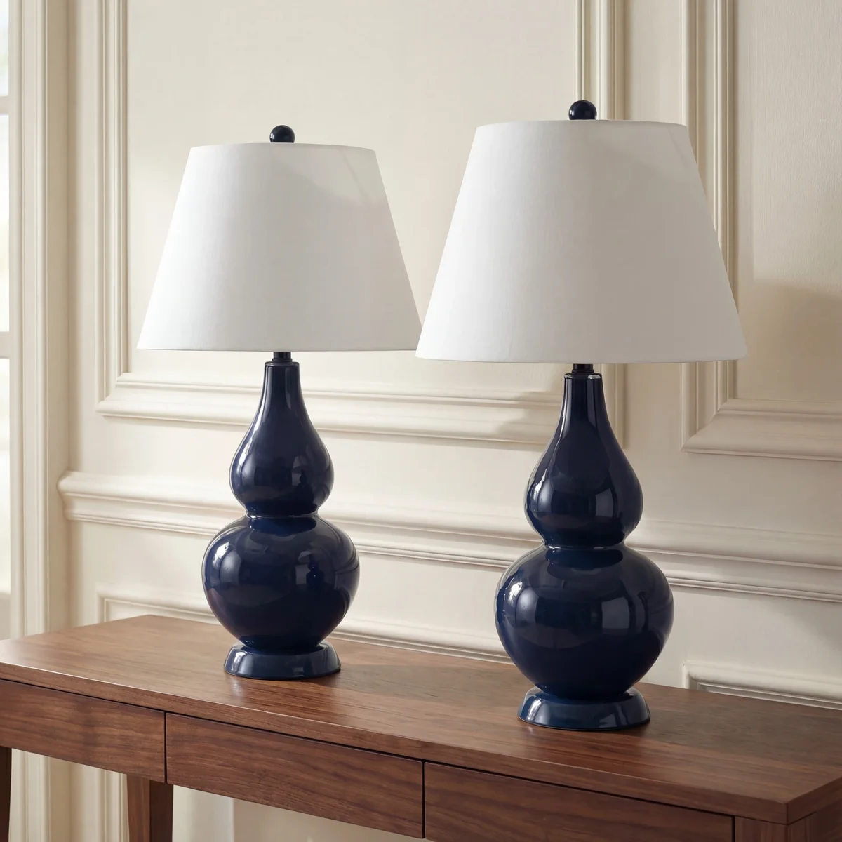 Everdaily Essentials Cybil 26 in. Navy Glass Table Lamp with Off-White Cotton Shade, Set of 2 Ref. 8061