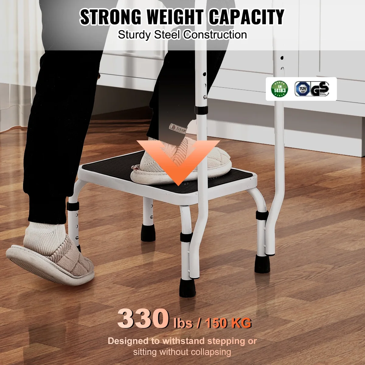 VEVOR Step Stool 1-Step 330lbs Capacity, 3 Adjustable Height with Handle Steel Step Ladder, Portable Step Stools for Adults, Non-Slip Sturdy Step 9475