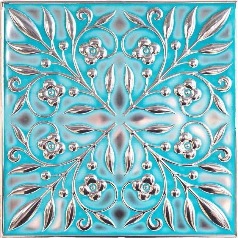 WallWear Wall Wear Peel and Stick Aluminum Backsplash Tiles Teal and Silver Leaves Water Resistant 8 x 8 in 10 Pack for Kitchen and Bathroom 7469