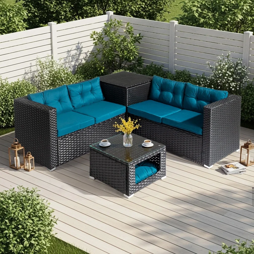 Ktaxon 4PC Patio Furniture Set, Black PE Wicker Modular Sectional with Storage Box, Pet Coffee Table  Peacock Green Cushions 4985