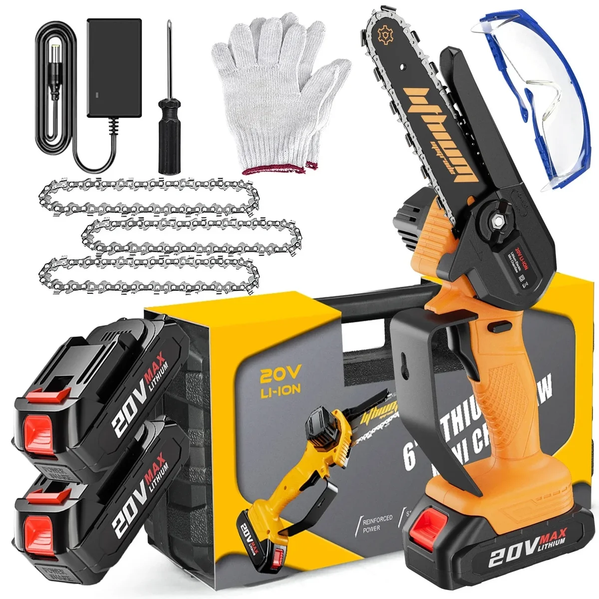 Vetoper Mini Chainsaw 6-inch with 2 Batteries Cordless Handheld Small Chain Saw for Tree Branch Wood Cutting(3 Chains) 1755