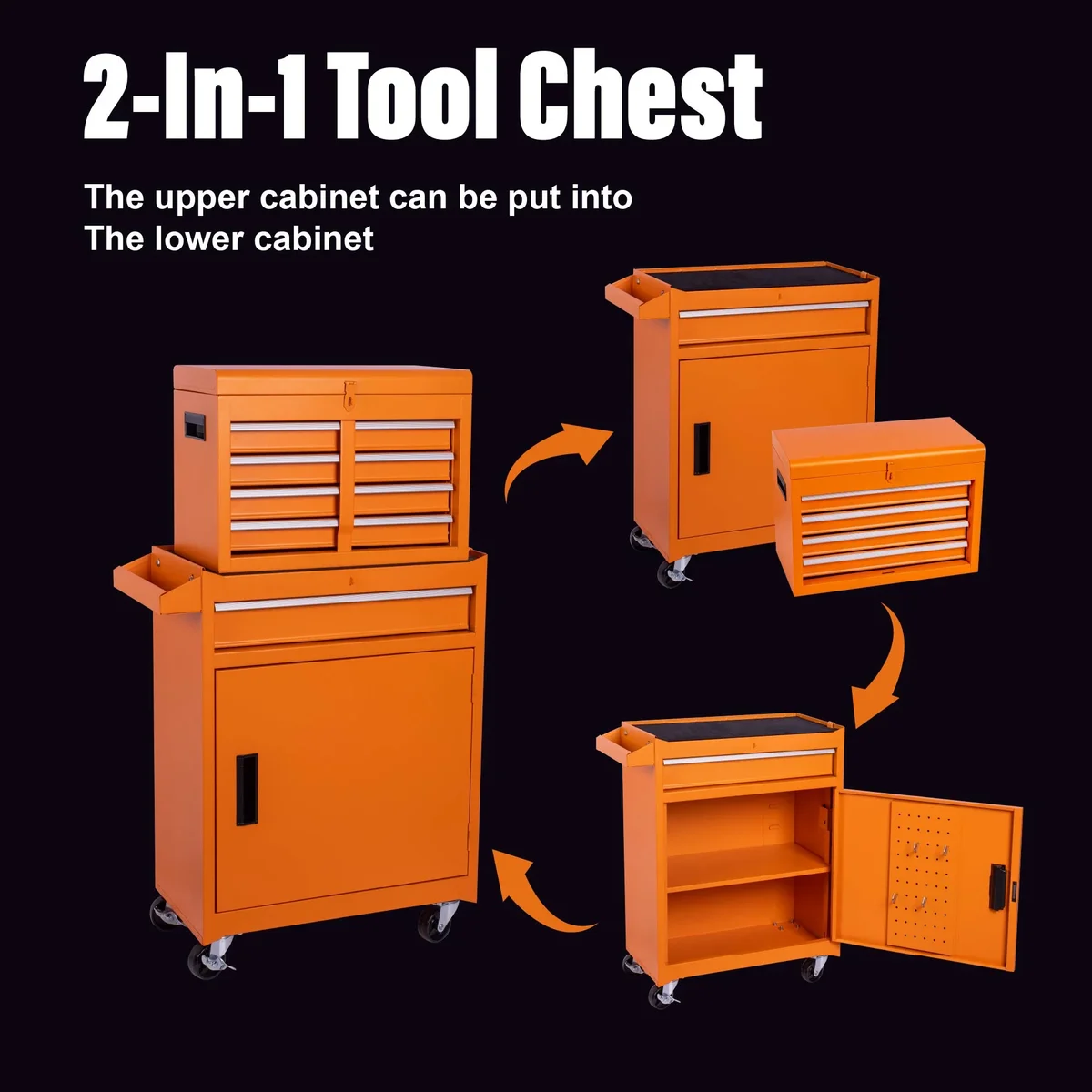 Seizeen Rolling Tool Box, 2-IN-1 Steel Tool Chest and Storage Cabinet, Removable Tool Box Organizer On Wheels with 5 Sliding Drawers for Garage W 2670