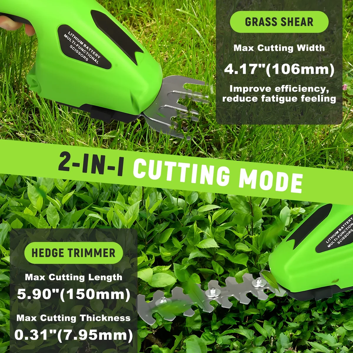 RELOIVE Hedge Trimmer Cordless,2-in-1 Cordless Grass Shears,7.2V Electric Shrub Trimmer with 2.0 Ah Battery,Green 6951