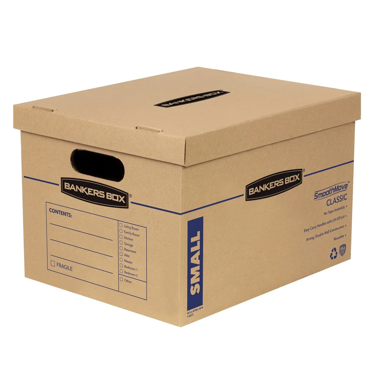 Bankers Box SmoothMove Classic Small Moving Boxes, 15l x 12w x 10h, Kraft/Blue, 10/Carton 0289