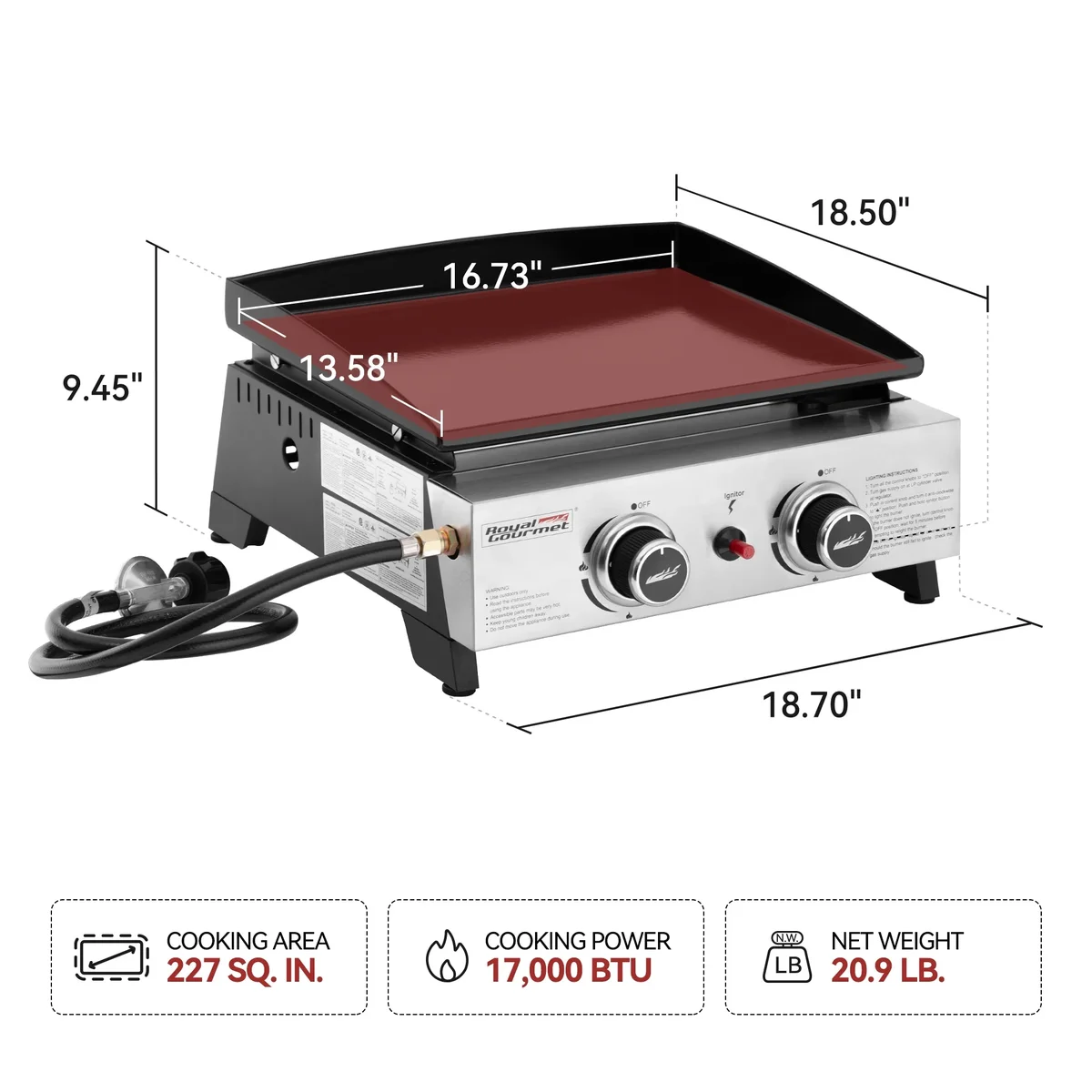 Everdaily Essentials PD1204 Portable 17-Inch 2-Burner Tabletop Gas Griddle Grill, 17,000 BTU Ref. 2454