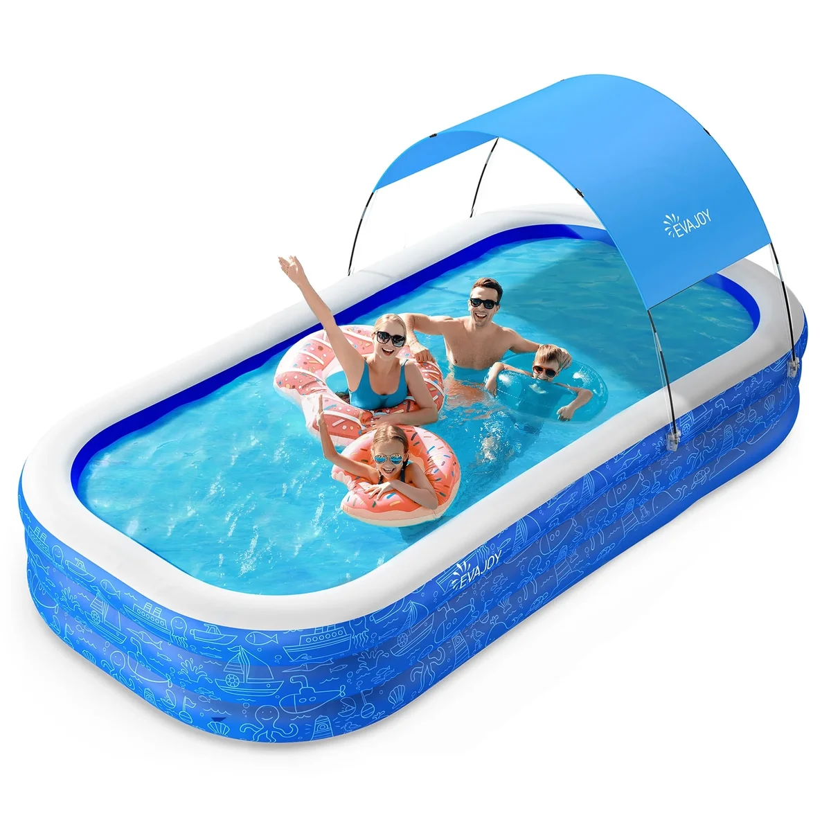 Sable Large Inflatable Swimming Pool with Canopy, 150” x 70” x 20” Full-Sized Inflatable Pool for Kids & Adults, Kiddie Pool with Sun Shade, Blow 8685