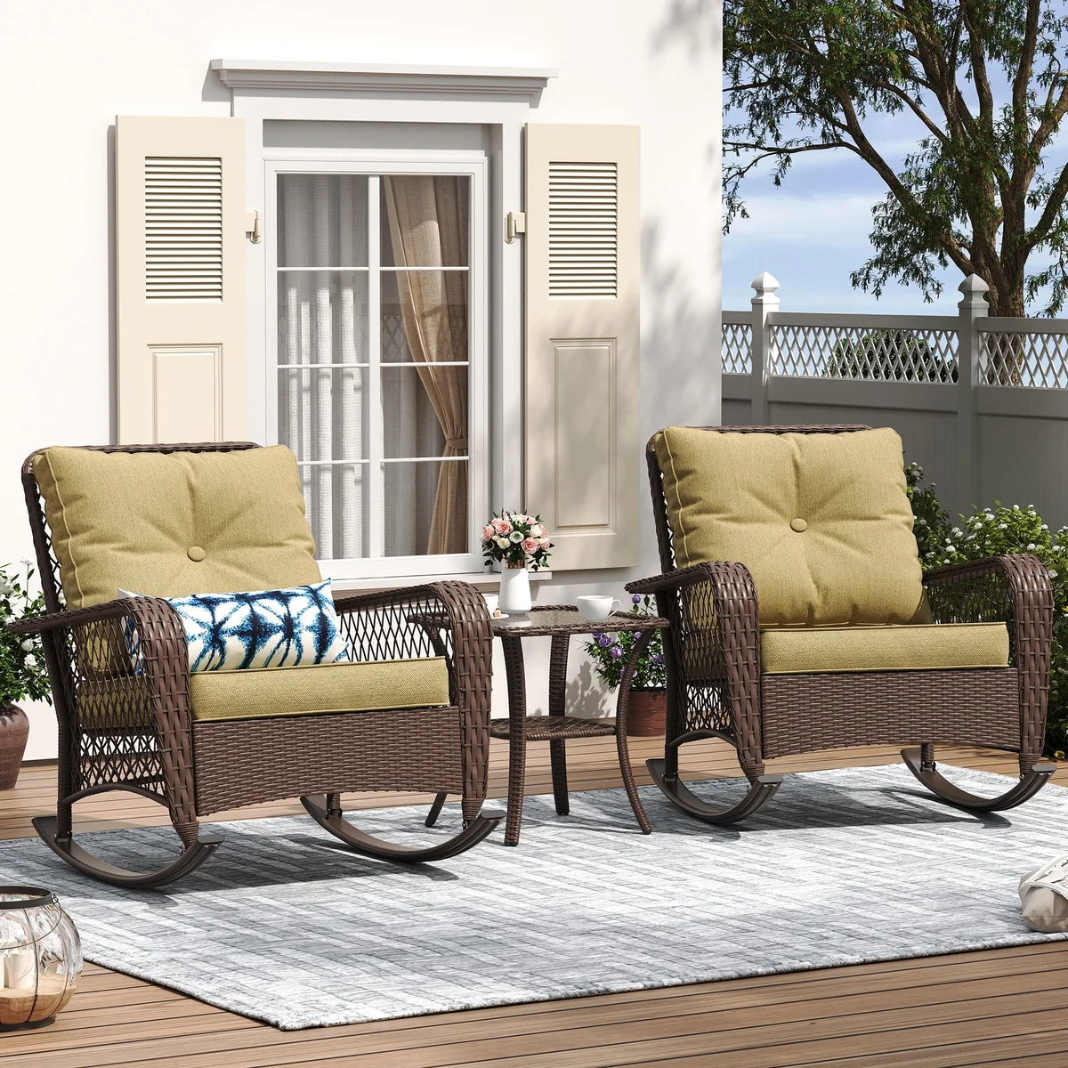 ELPOSUN 3-Piece Outdoor Rocking Chairs, Wicker Patio Furniture with Thickened Cushions and Table for Porch 2085