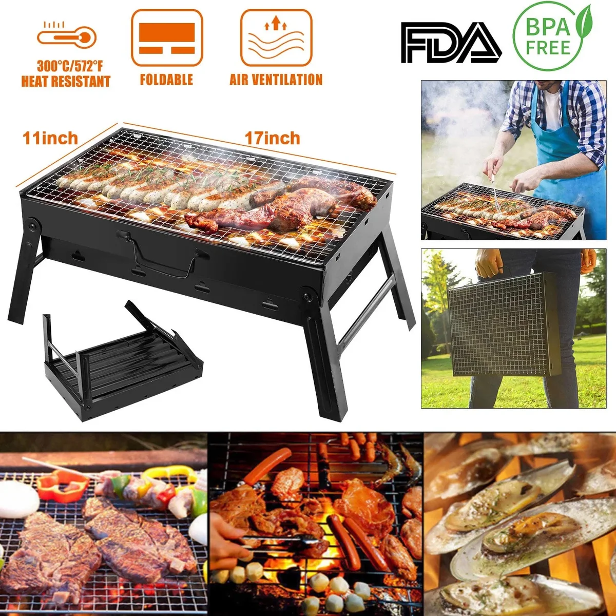 Moclever Foldable BBQ Grill, Moclever Metal Charcoal Grill for Outdoor Camping Garden, 17.7x11x10in 4191