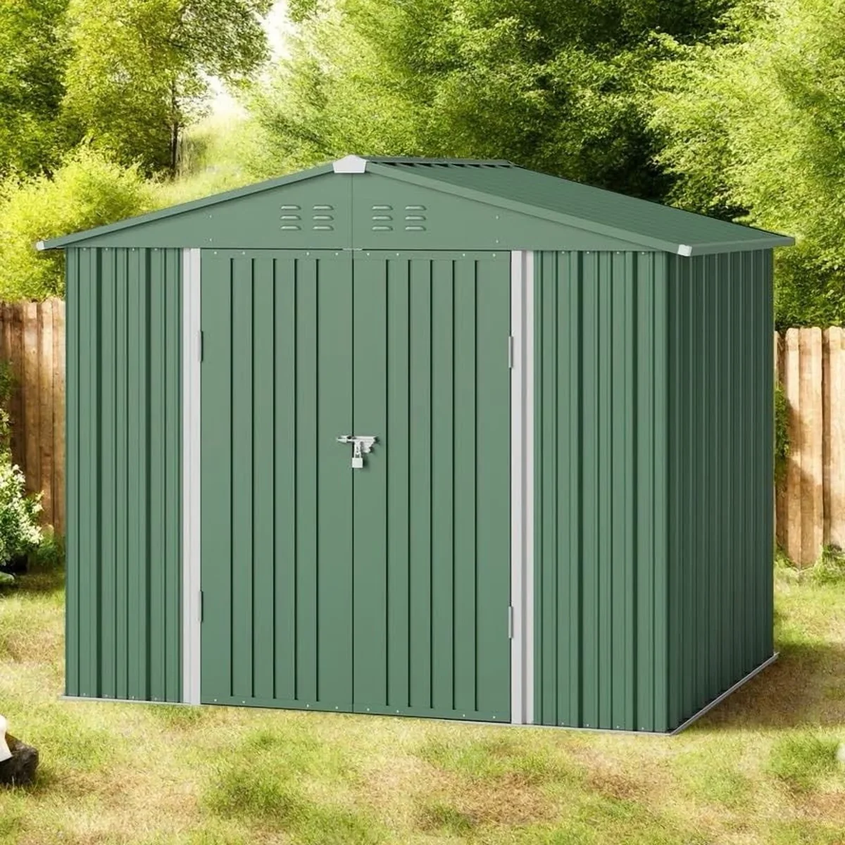 Asofer Outdoor Storage Shed 8 x 6 FT, Galvanized Metal Garden Shed with Double Lockable Doors for Backyard Patio Lawn-Green 7948