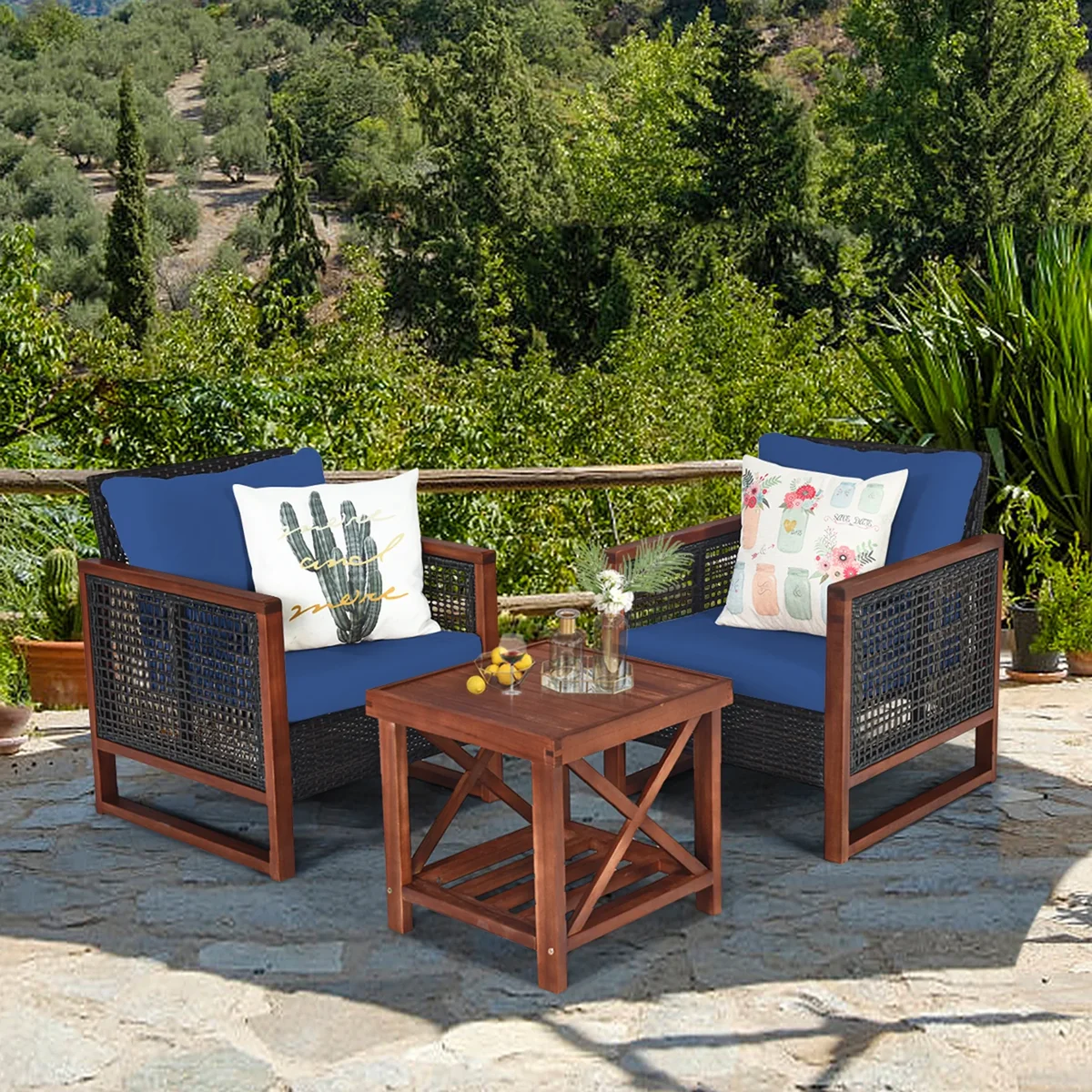 Gymax 3PCS Rattan Wicker Patio Conversation Set Outdoor Furniture Set w/ Navy Cushion 0420