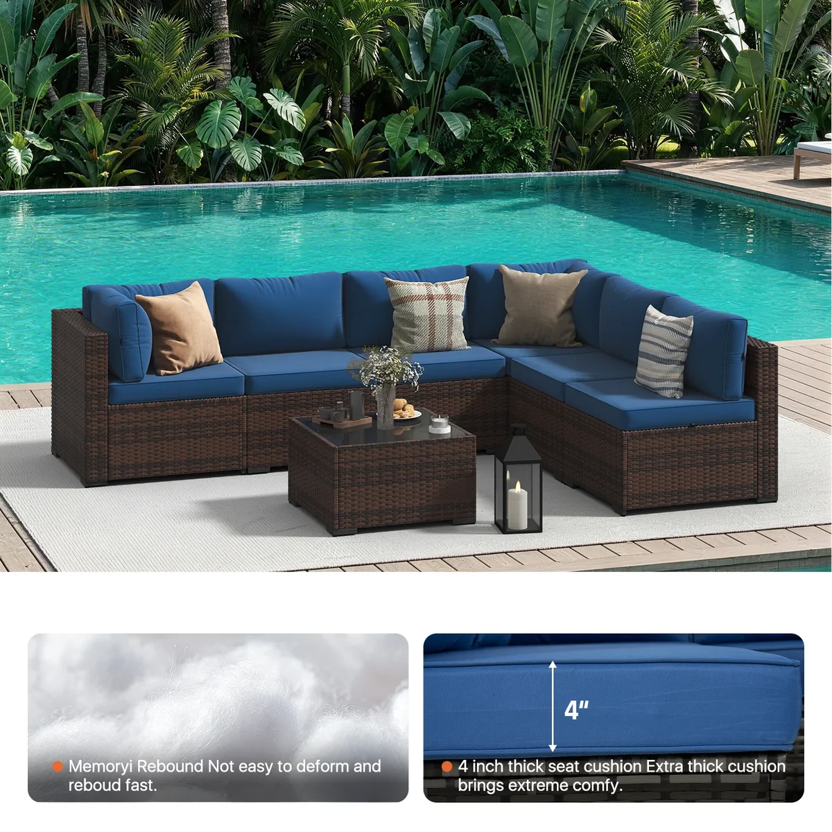 Dateyes 7-Piece Outdoor Patio Sectional Sofa Set, All-Weather Wicker Rattan Furniture with Coffee Table & Waterproof Cover (Blue) 1878