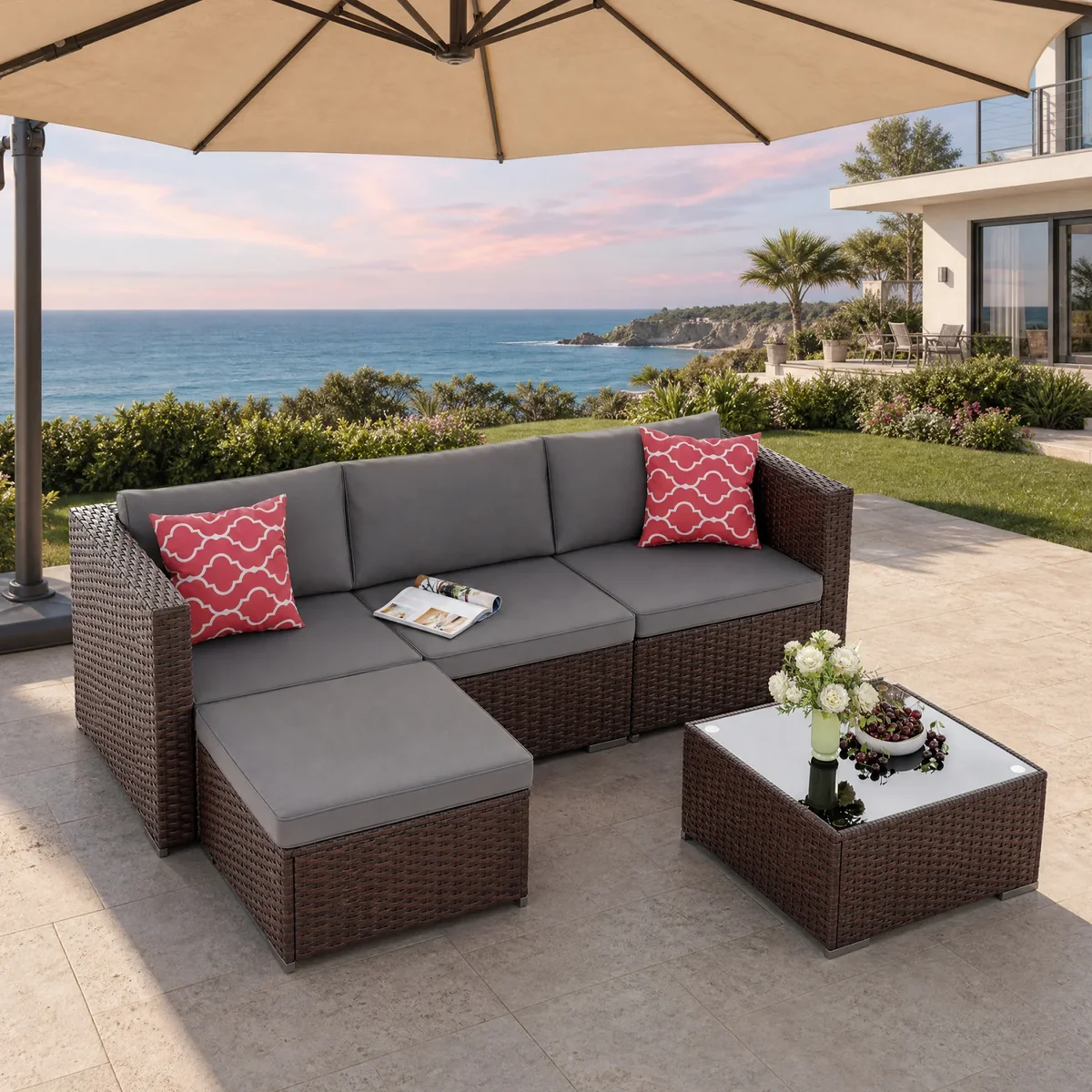 Asofer 5 PCS Outdoor Sectional Sofa Set PE Wicker Rattan Patio Furniture Set with a Glass Coffee Table for Backyard Porch Poolside Patio,Gray 2058
