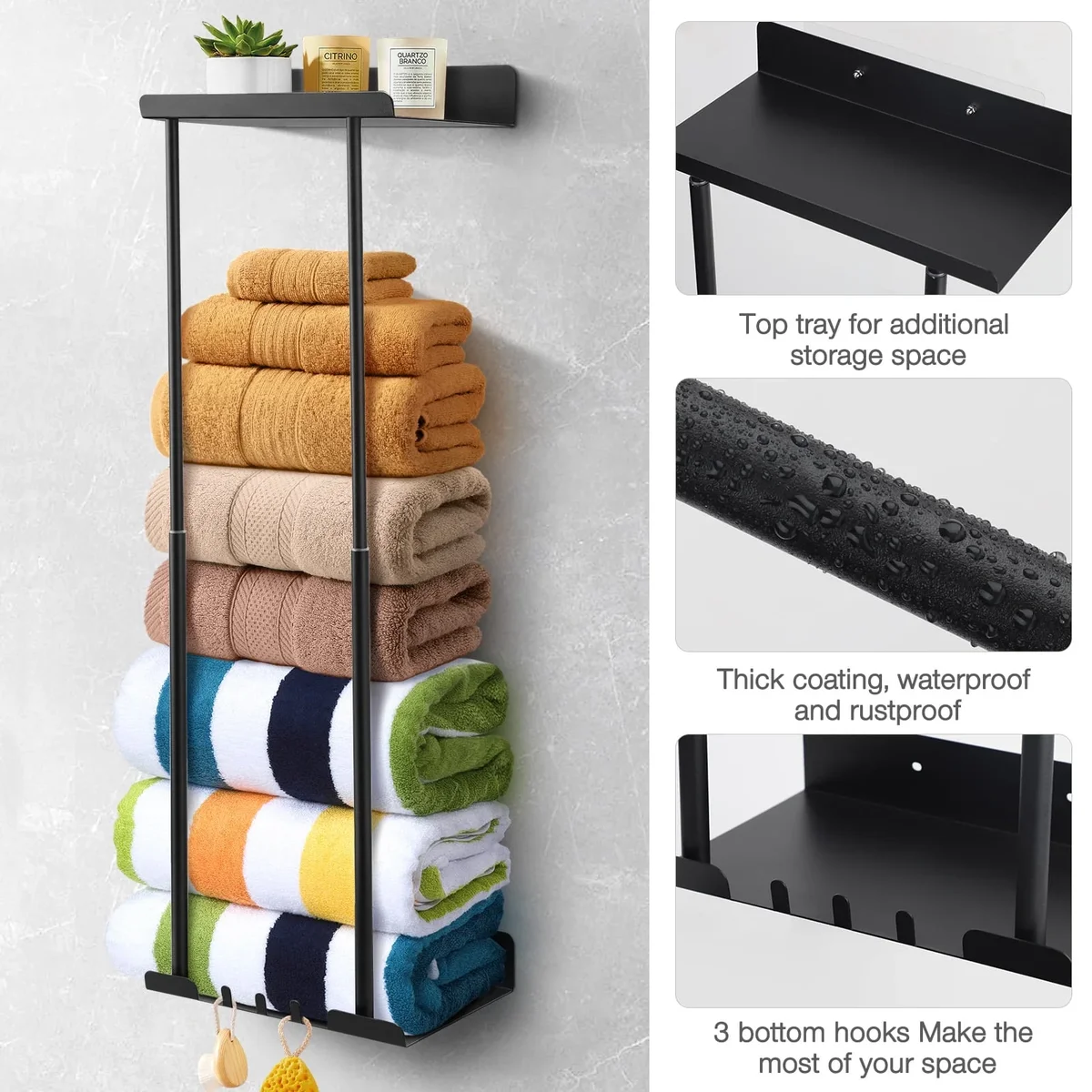 Livhil Wall Towel Rack for Rolled Towels, New Upgrade Towel Racks for Bathroom Wall Mounted, Bathroom Bar Towel Storage, Metal Bath Towel Holder  3036