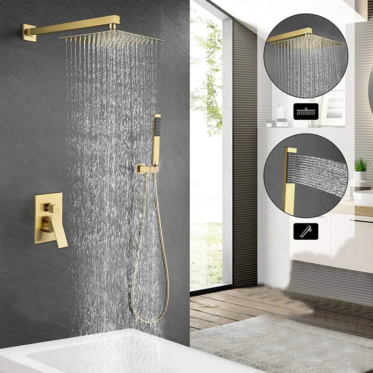 Everdaily Essentials Brushed Gold Shower Faucet Set with Valve 8 inch Rain Shower Head Combo System Ref. 5303