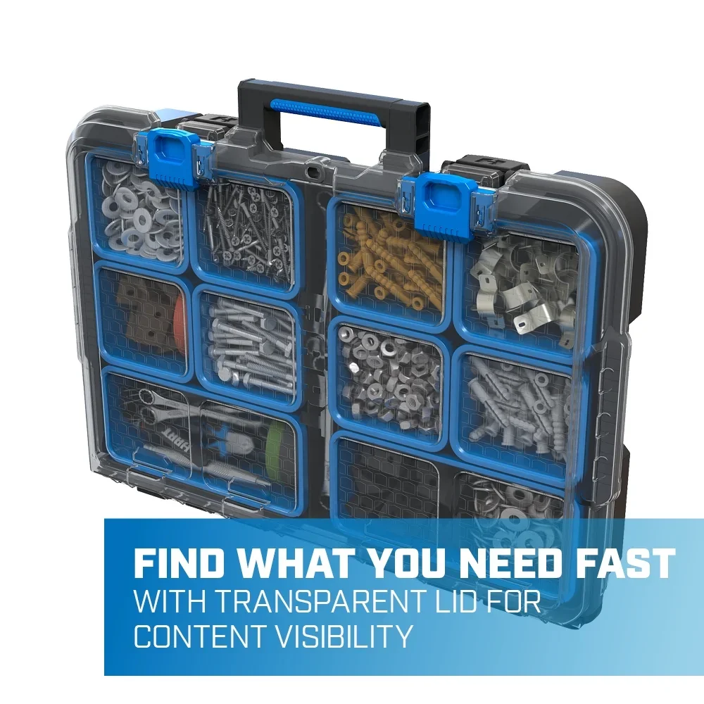 HART Stack System Small Parts Organizer with Removable Bins, Black with Blue Accents 8514