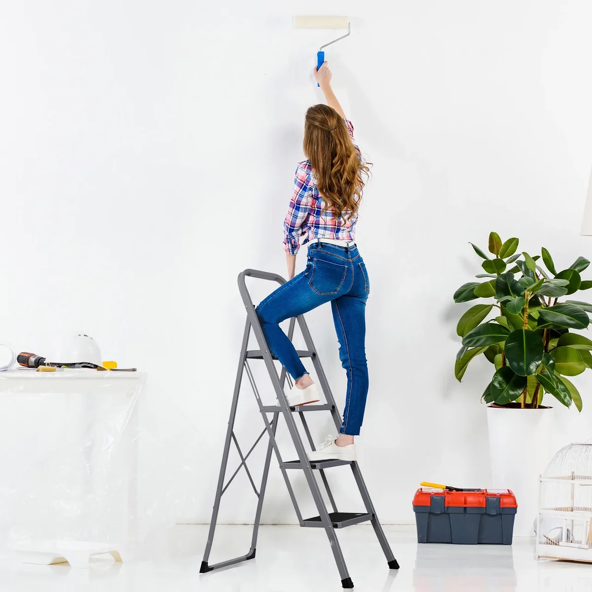 HomGarden Anti-Slip Folding 4-Step Ladder with Handgrip, 38 in, Steel and PP Gray 5887
