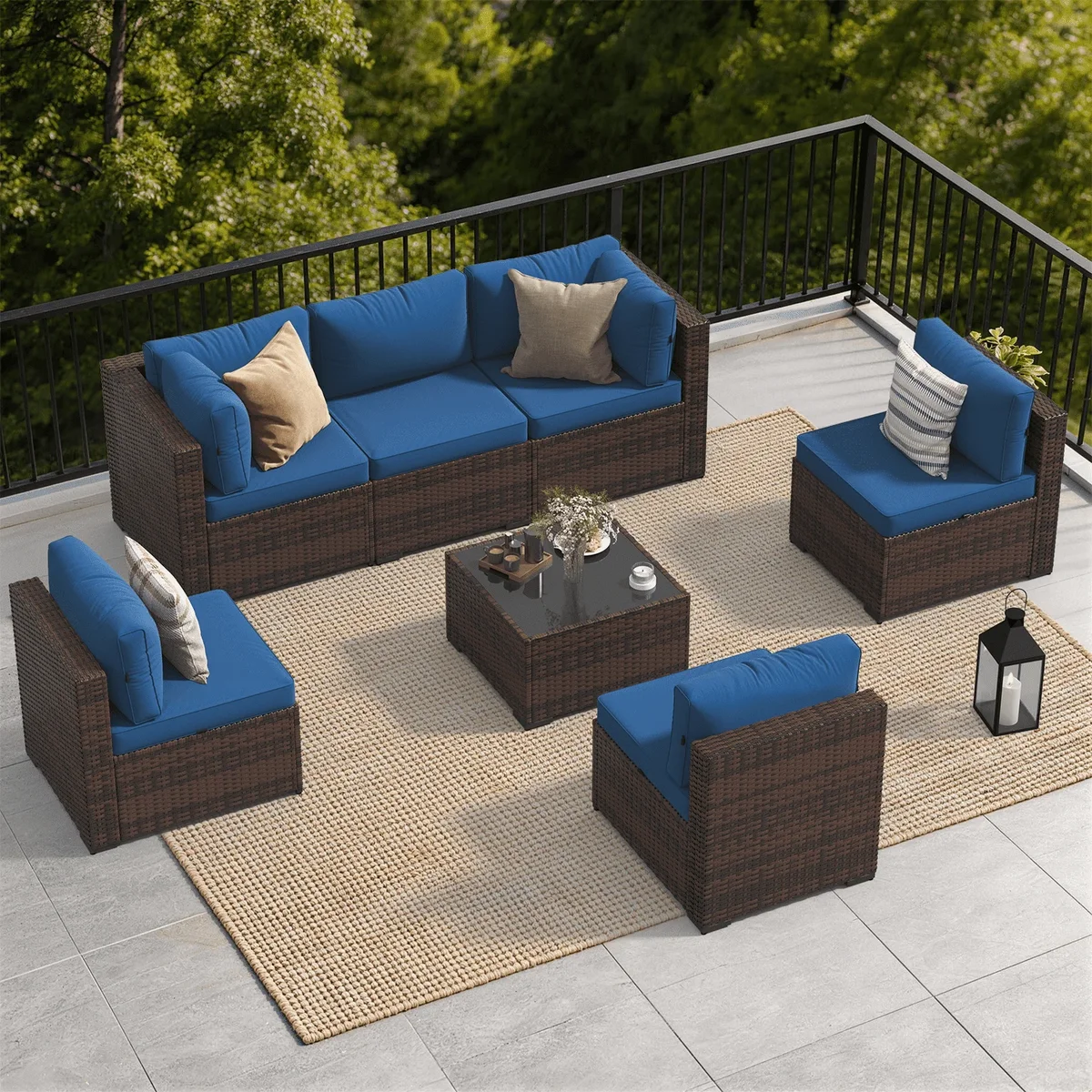 Dateyes 7-Piece Outdoor Patio Sectional Sofa Set, All-Weather Wicker Rattan Furniture with Coffee Table & Waterproof Cover (Blue) 1878