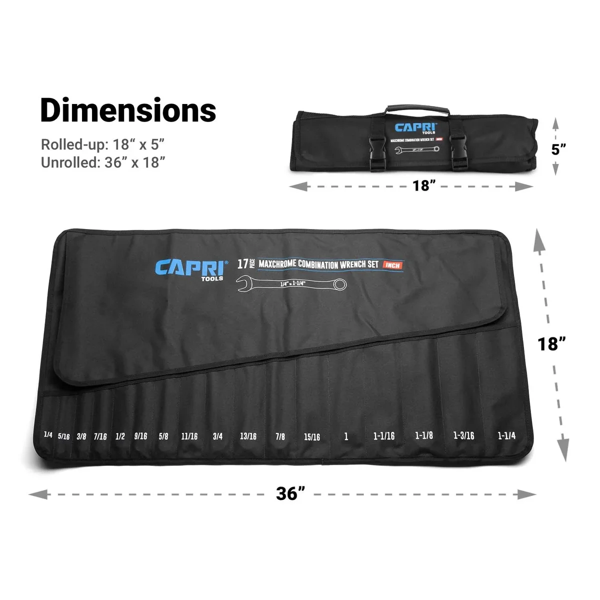 Capri Tools Wrench Roll Up Pouch, SAE, 17 Pockets 2375