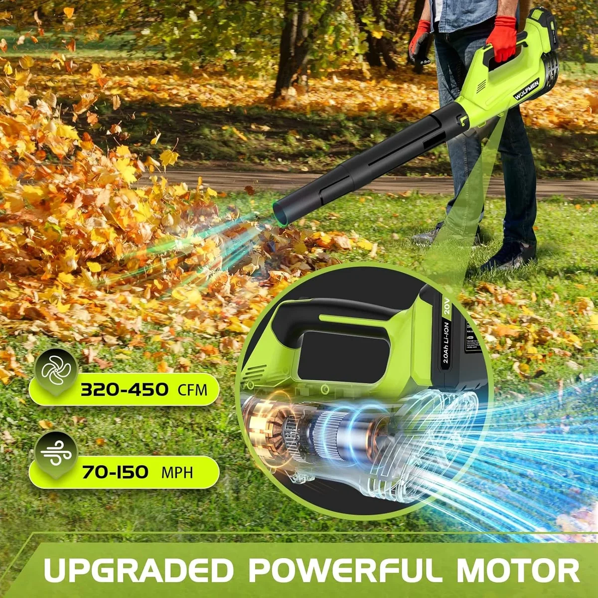 DARKIRON Cordless Leaf Blower, 20V Leaf Blower with 2 x 2.0Ah Batteries & Charger, Up to 450CFM/150MPH, 2 Variable Speed, Lightweight for Blowing 5802