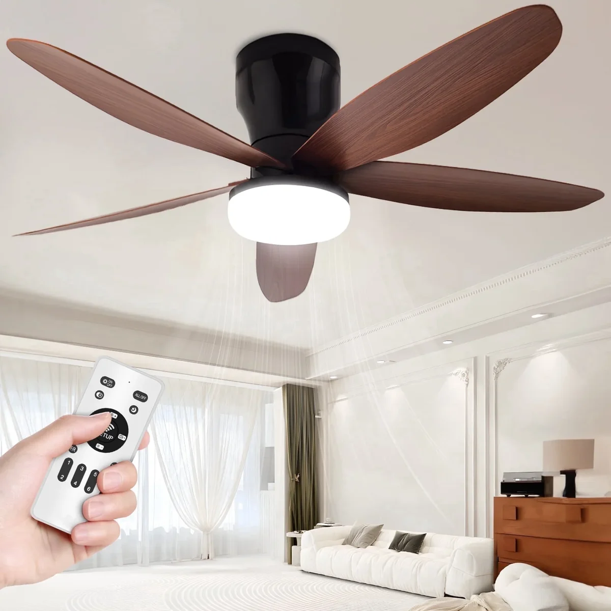 UNTIMATY 42" Ceiling Fans with Light 6 Speed Ceiling Fans with Remote Control for Bedroom Living Room Reverse Airflow 7894