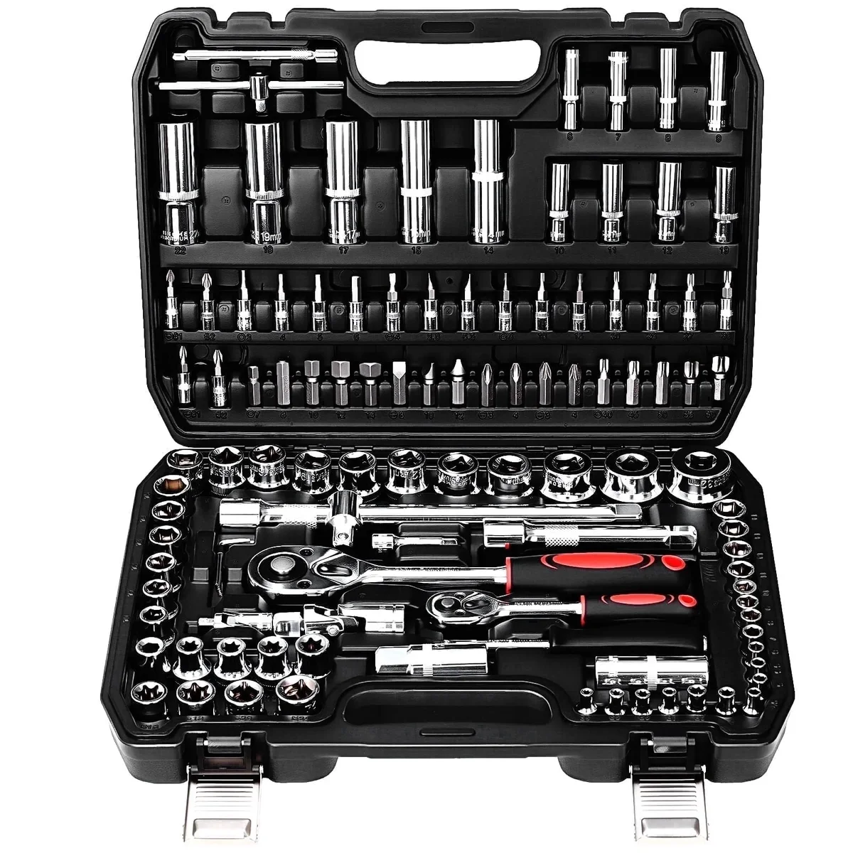 TLGREEN 108 Pcs Mechanic Socket Tool Kit, CR-V Steel Metric and Standard 1/4" & 1/2" Ratchet set, Universal Joint, Extension Bars,Adapter,Ratchet 1012